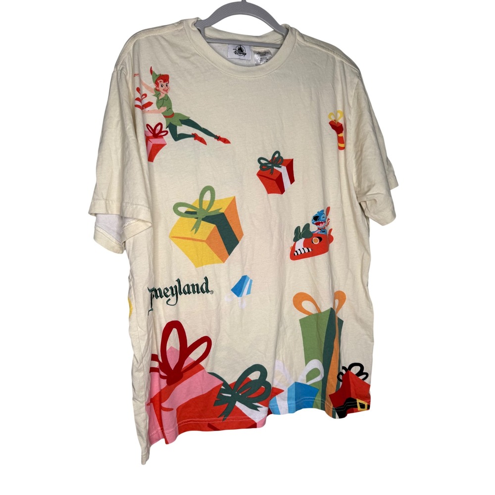 Disney Parks Disneyland Christmas All Over Print Shirt Mickey Stitch Large Cream